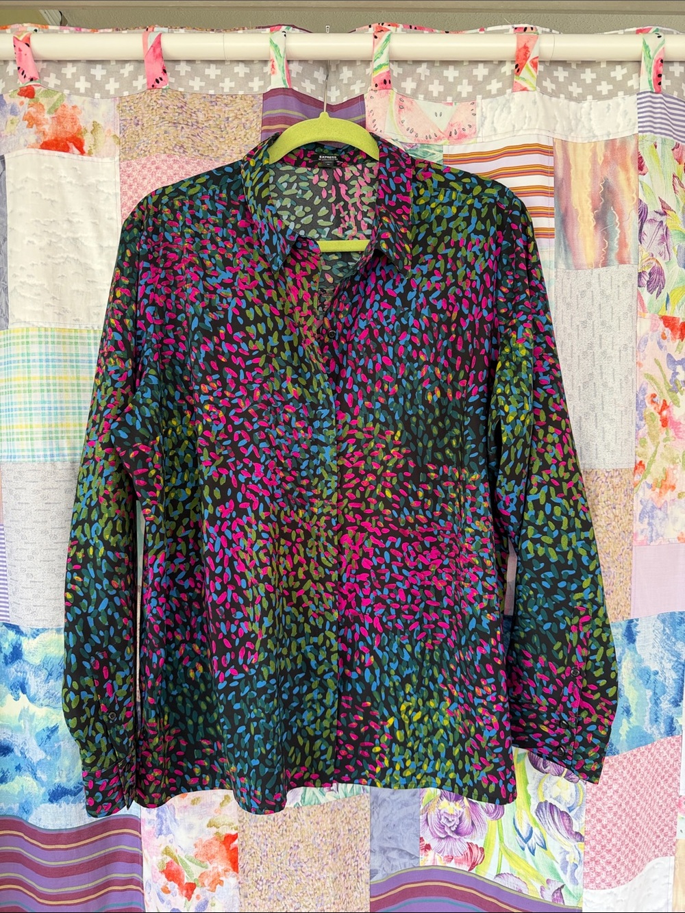 Express Button-Down Long Shirt in Black with Pink, Blue & Green Multi Dots